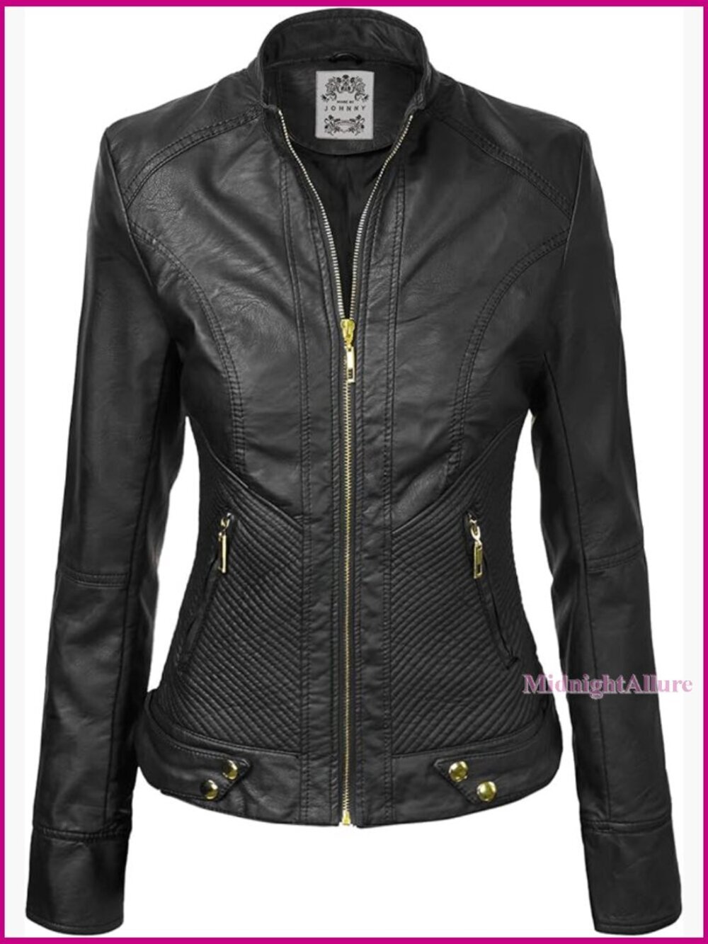 Women's Faux Leather Moto Jacket with Zipper and Stitching Detail